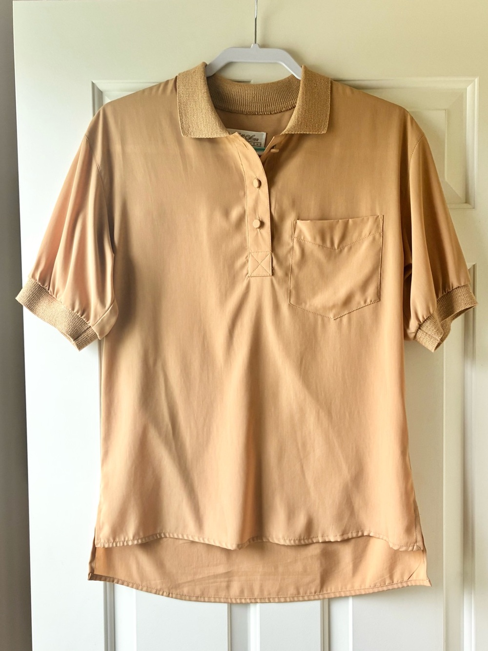 Vintage 80s Lilli Ann Collections Knit Collar Polo Blouse Top Tan Camel Size M